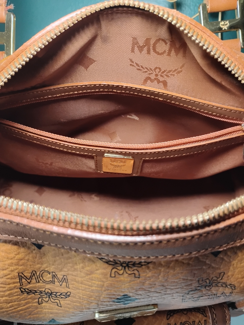 MCM Cognac Monogram Visetos Dome Satchel with Gold Hardware - Picture 4 of 10